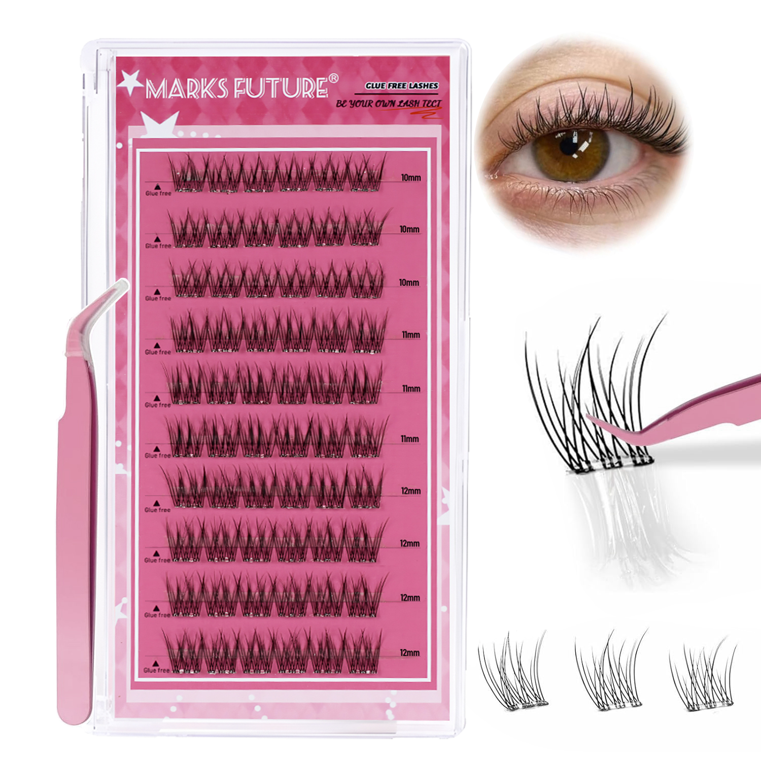 Eyelash Extension Equipment - 自己粘着式つけまつげ、プレスオンまつげクラスター、ウィスピーまつげエクステ、60本入りナチュラルクラスターまつげエクステンションキット（ピンセット付き）（10-12mm、Cカール）初心者向け、自然な見た目の自己粘着式つけまつげ、つけまつげ